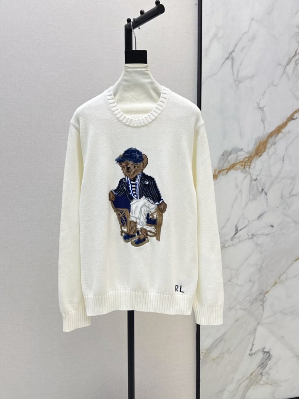 Polo Ralph Lauren Sitting Chair Polo Bear Crewneck Cream Knit Sweater